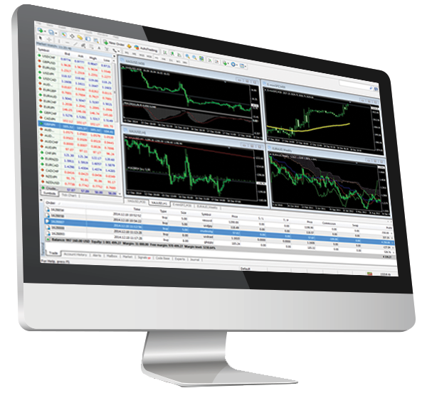 Forex trading terminal with live charts and active trade positions on desktop screen